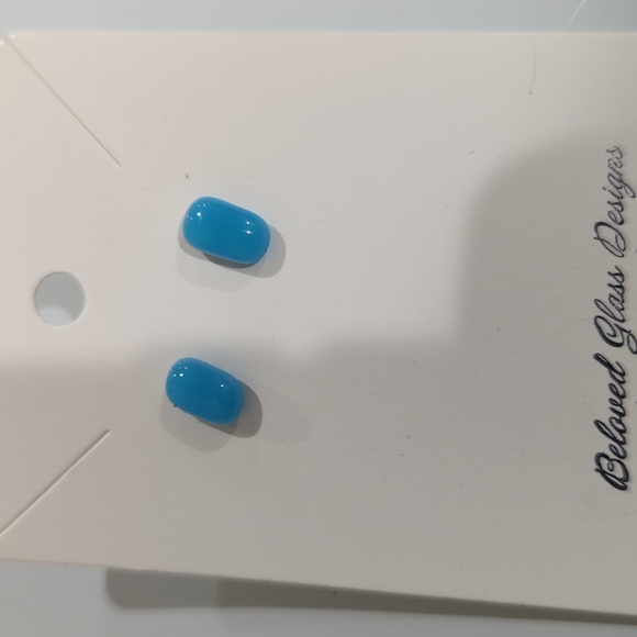 Hand Crafted Jewelry - - Artisan Handmade blue rectangle opaque glass studs. 1/2cm in size.